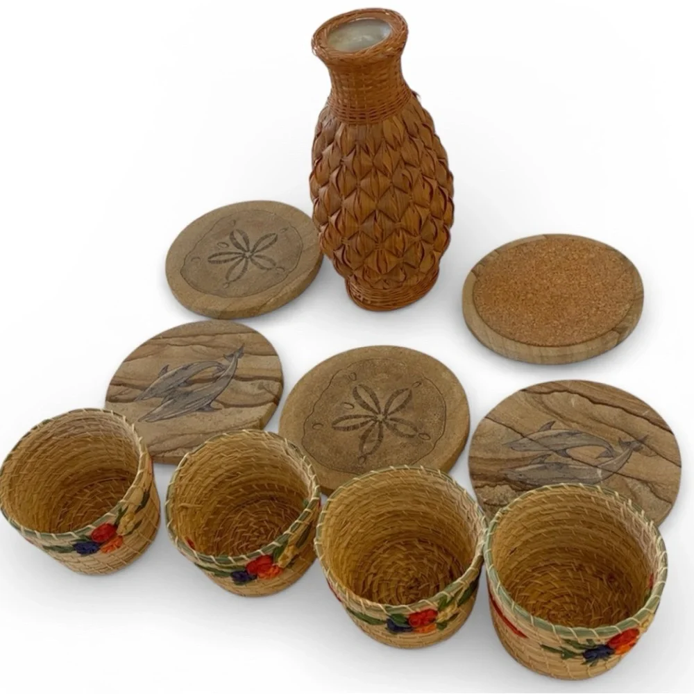 Collection of Beachy accents Coasters W/ Cork Backings Woven Porcelain Vase Set